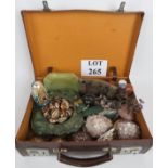 A vintage travel case, a collection of conch and other sea shells, hip flask,