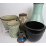 Six pieces of decorative Denby pottery, including 'Ferndale', drip-glaze, a 'Flamstead' vase,