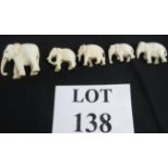 Five ivory elephants, some a/f, the largest 5 cm tall, all c.