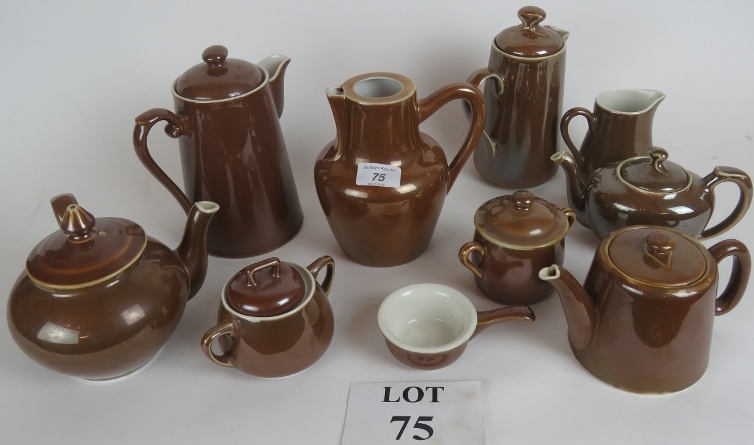 Large collection of French tea and coffee pieces in brown, includes Mehun, Pilvite, Apilco,