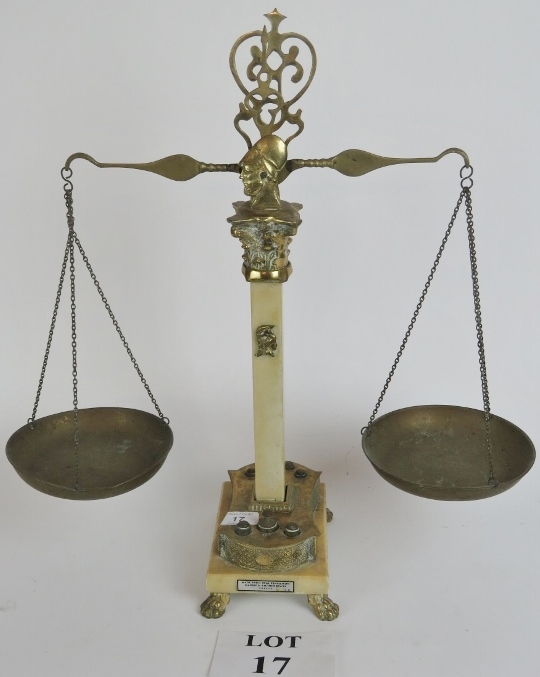 Pair of brass scales with fitted weights