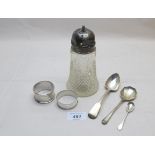 A cut glass silver topped sugar caster,