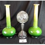A cut glass table lamp with shade, 40 cm tall and two green long necked vases,