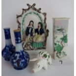 A Shelley lustre vase, a Plichta pig money bank a/f, a pair of art pottery bottle vases,