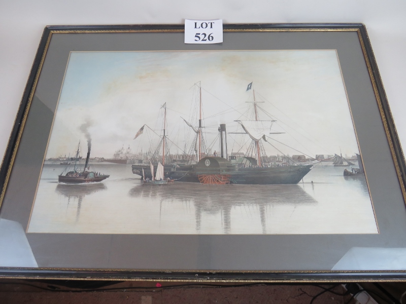 A late 19th/early 20th century colour lithograph depicting the paddle ship 'Victoria' in dock,