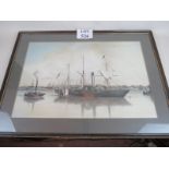 A late 19th/early 20th century colour lithograph depicting the paddle ship 'Victoria' in dock,