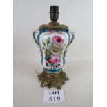 Porcelain lamp base in the French manner with Sevres blue ground and floral decoration,