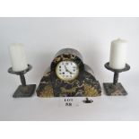 Art Deco marble clock and garniture in striking black and tan marble, clock 36 cm wide,