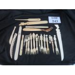 A collection of antique ivory items, to include Shibayama letter opener, forks with animal handles,