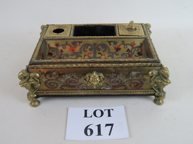 A highly decorative Boulle-type pen and ink stand in brass and ormolu, with inlaid enamel,