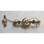 A late 19th century bar brooch inset with seed pearls and turquoise,