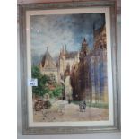 Hughson Hawley (1879) - 'Cathedral and figures', large scale watercolour, signed and dated,
