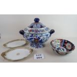 A large Victorian tureen decorated with Chinese rose pattern, an oriental Imari bowl,