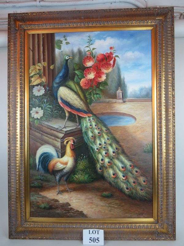 Continental School (20th century) - 'Peacock & cockerel in ornate gardens', oil on board,