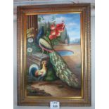 Continental School (20th century) - 'Peacock & cockerel in ornate gardens', oil on board,