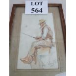 British School (1933) - 'Man fishing', pencil and watercolour, indistinctly signed, dated,