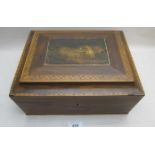 A large workbox with painted scene and marquetry decoration est: £35-£45