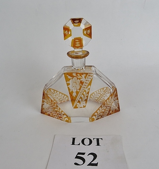 Large amber coloured etched glass Deco scent bottle,