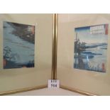 Two Japanese woodblock prints of river landscapes with signature panels inset,
