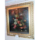 A Van Huysum (After) - A 19c framed oil on canvas still life flowers (plaque to front) (75 x 62 cm