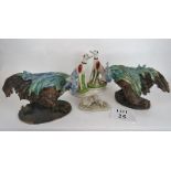 A pair of contemporary ceramic models of cockerels, a pair of modern Staffordshire pottery dogs,