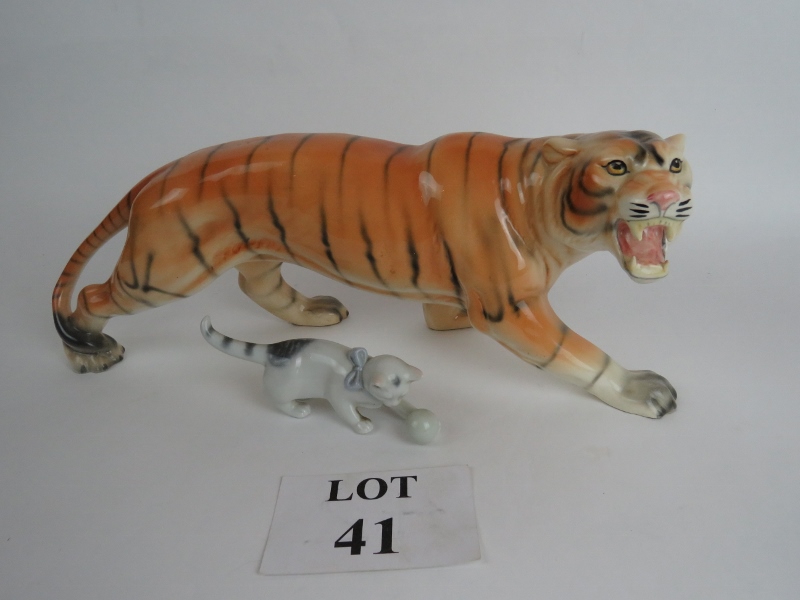 A ceramic tiger by Melba Ware, England, and it's smaller cousin the domestic kitten in porcelain,