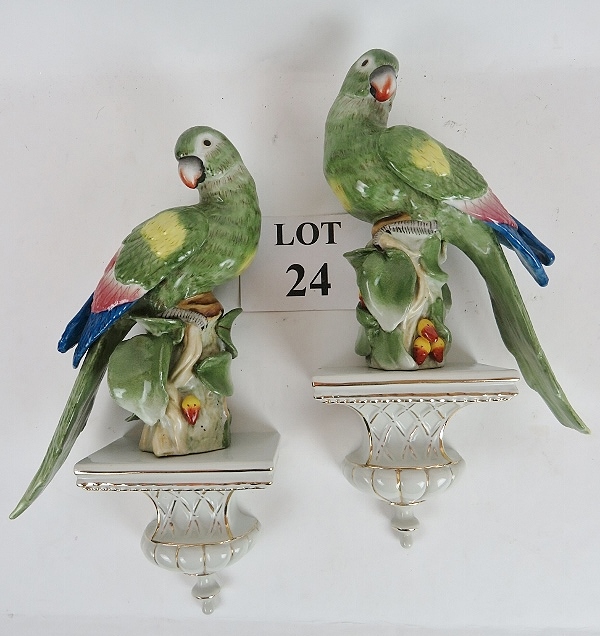 A pair of 20th century continental porcelain wall mounts modelled as parrots perched upon wall