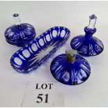 Matching dressing table set of blue cut glass, pin tray, atomizer,