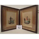 A pair of 19th century feathered pictures, figurative subjects with text, 23 cm x 16 cm,