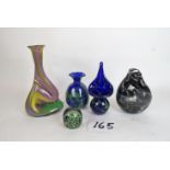 Four art glass vases and two paperweight