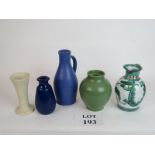 Three studio pottery vases and two jugs,