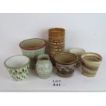 Denby vase, pots and a jug with sgrafitt