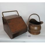 Oak coal box with brass handle and coppe