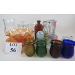 Assorted clear and coloured glassware, to include 2 carnival bowls, advertising bottles,