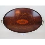 A fine quality Edwardian marquetry inlaid mahogany oval tea tray,