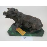 A well modelled contemporary signed bronze sculpture of a pig, on marble plinth base,