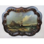 A Victorian papier-mache tray with central hand-painted and mother of pearl panel decorated with a