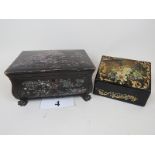 A Victorian papier-mache work box with hinged lid, fitted tray interior and single drawer,