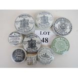 Eight Victorian advertising pot lids, including Almond Shaving Cream, Toothpaste, Anchovy Paste,