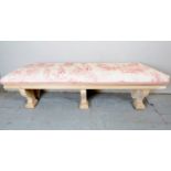 A decorative carved window seat with a tapestry material top est: £50-£80