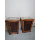 A pair of Edwardian oak converted coal boxes / side tables with inset ceramic tiles to top each