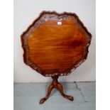 A 19th Century walnut pie crust tilt top table with a carved column and triple splayed legs est: