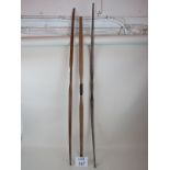 Three old long bows, 123 cm, 137 cm and