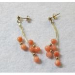 14k yellow gold coral earrings, 38 mm tr