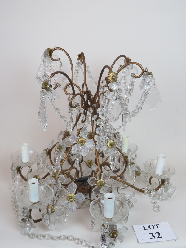 Cut glass chandelier with floral glass d
