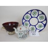 A Persian ceramic dish, a Chinese porcelain teapot,