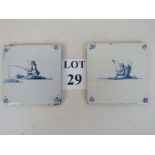 A pair of 17th/18th century Delft glazed ceramic tiles, 13 cm wide,