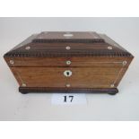 A William IV rosewood workbox with mother of pearl inlay, c.