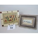 Two Indian hand-painted plaques, depicting dancers and warriors, inset decorative inlaid frames,