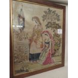 A Victorian wool-work picture panel, depicting Mediterranean women, inset oak frame,